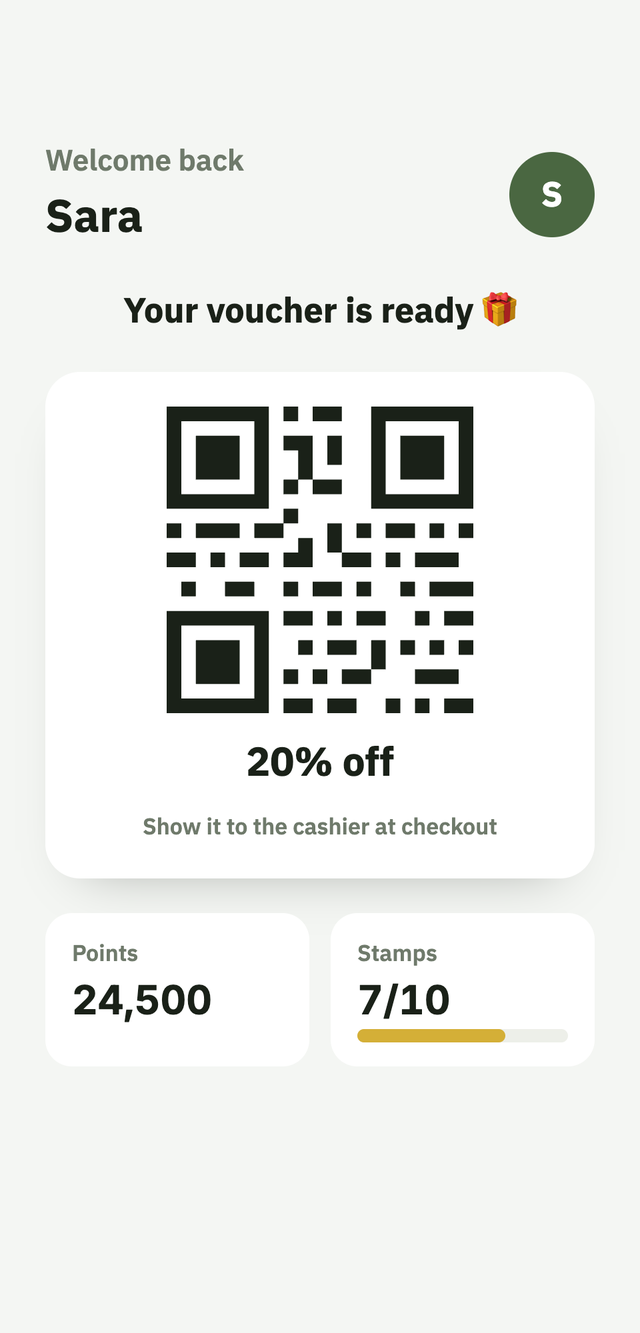 The CHAAY app: a 20% off QR voucher and the points balance